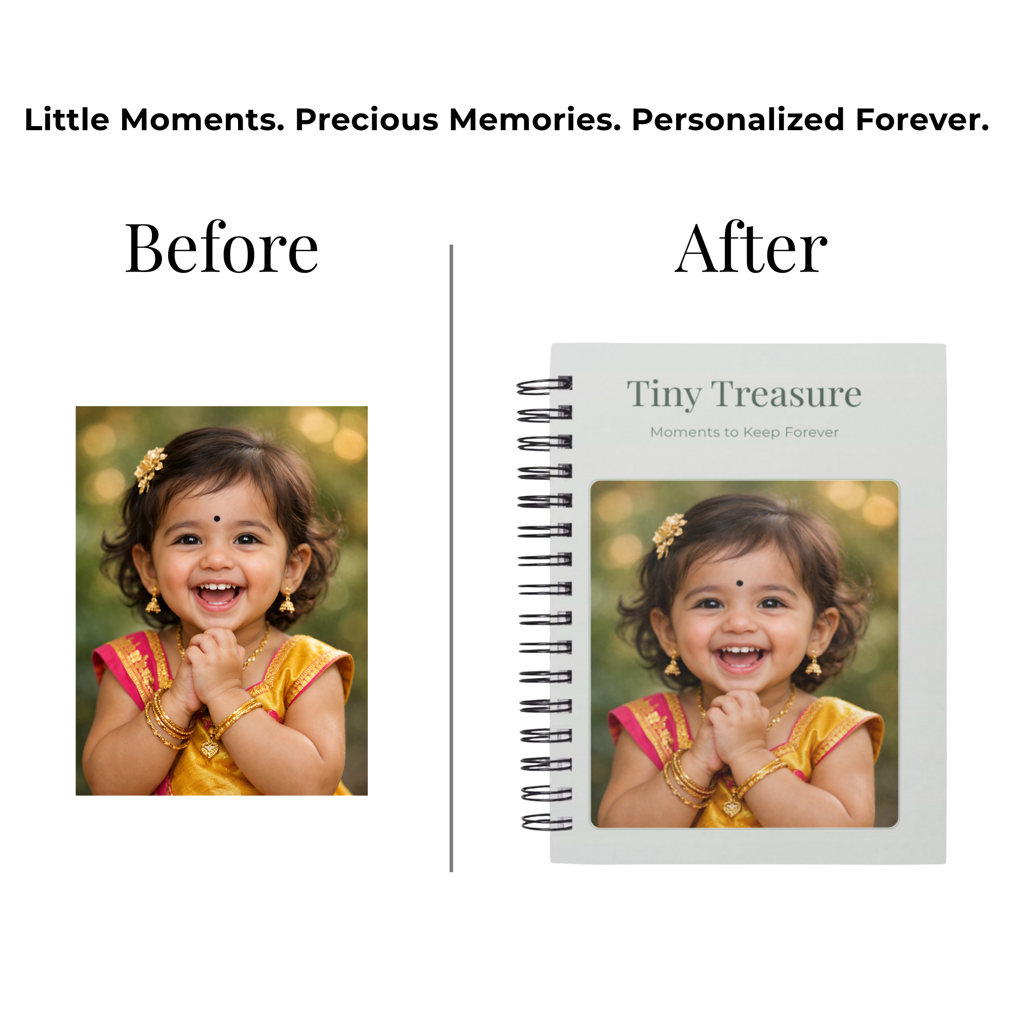 “Before and after preview of a baby photo transformed into a personalized A5 spiral notebook titled ‘Tiny Treasure’.”