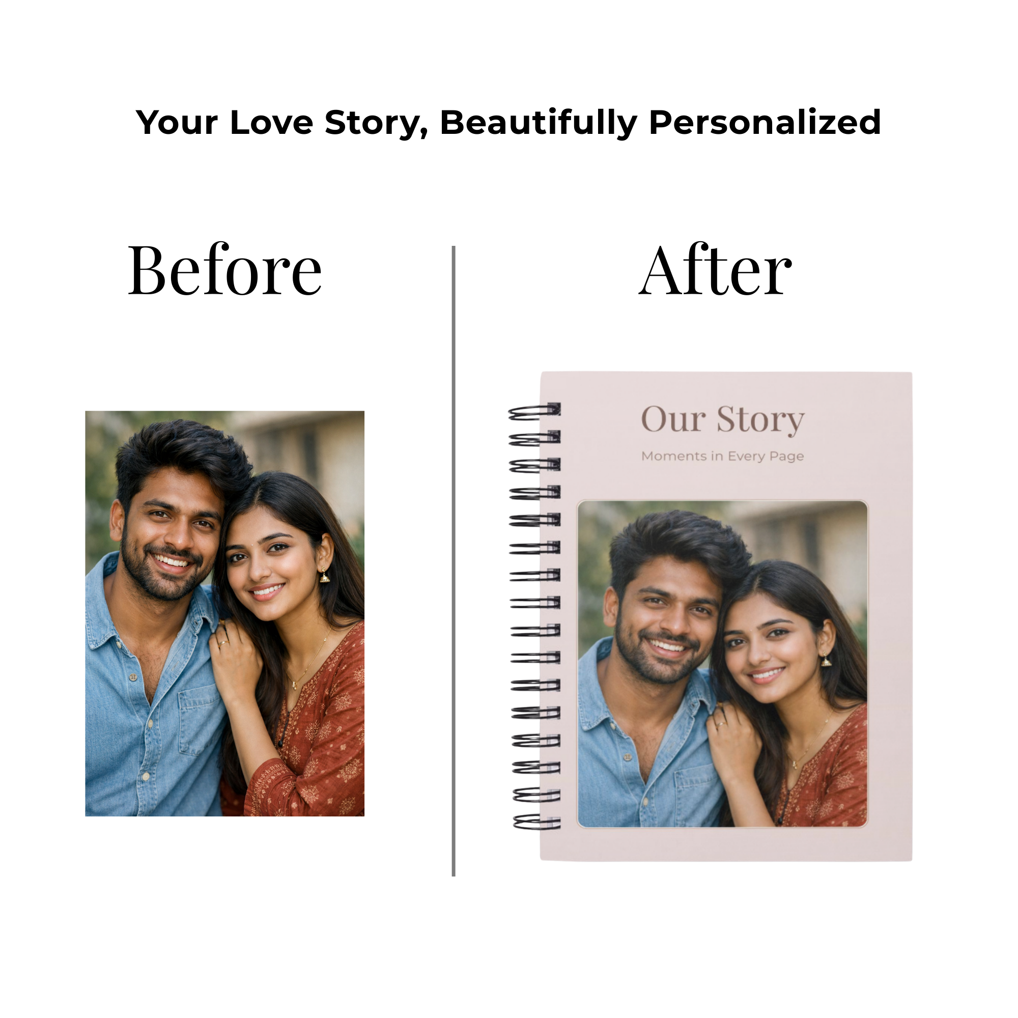 Before and after preview of a couple photo transformed into a personalized spiral notebook titled ‘Our Story’.
